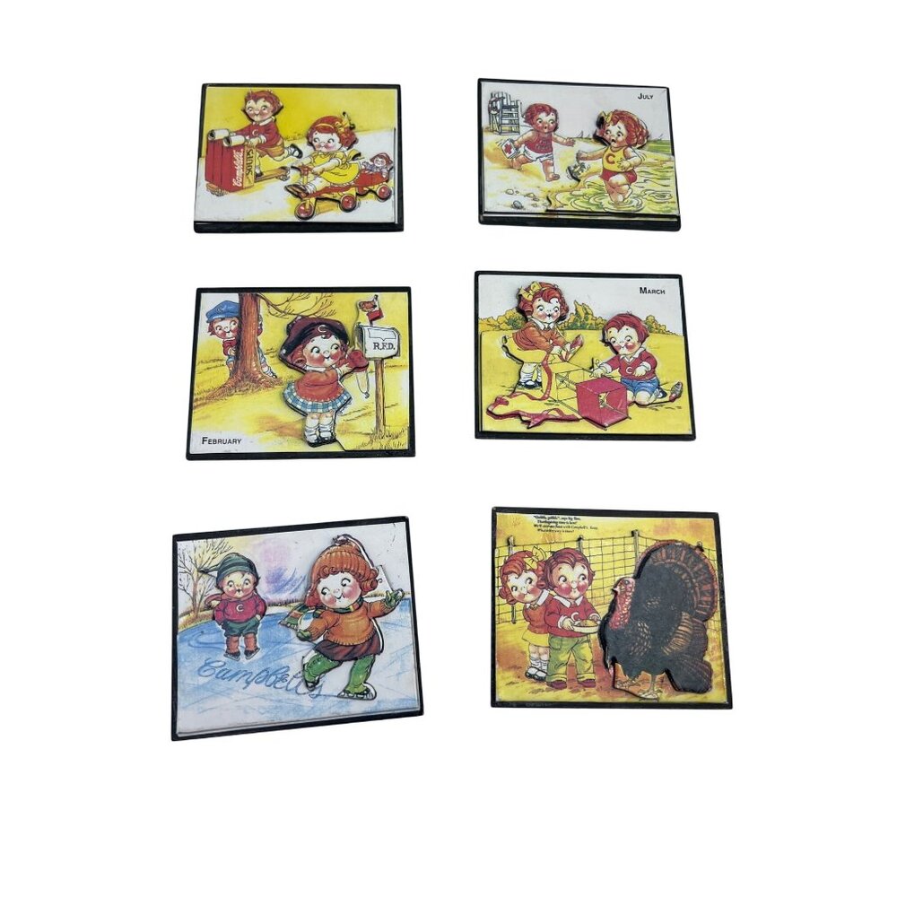 Vintage Campbells Kids Month-Themed Ceramic Coasters Set Of 6 With Magnetic Back